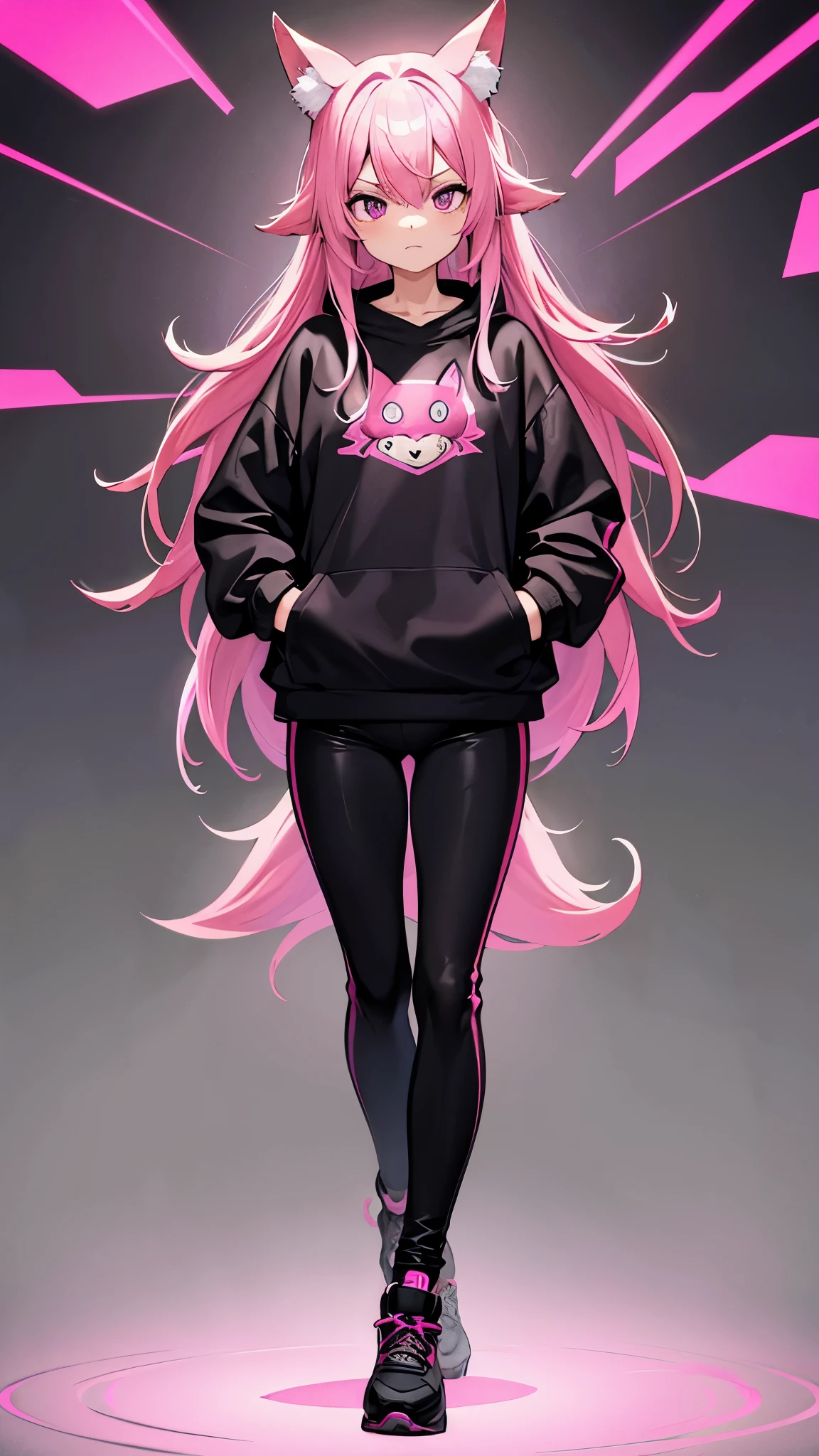 Magenta pink haired woman with pink fox ears, pink eyes, black clothes,Black kangaroo sweatshirt,black thick fabric pants, hands in pockets, front view and serious expression, black clothes.