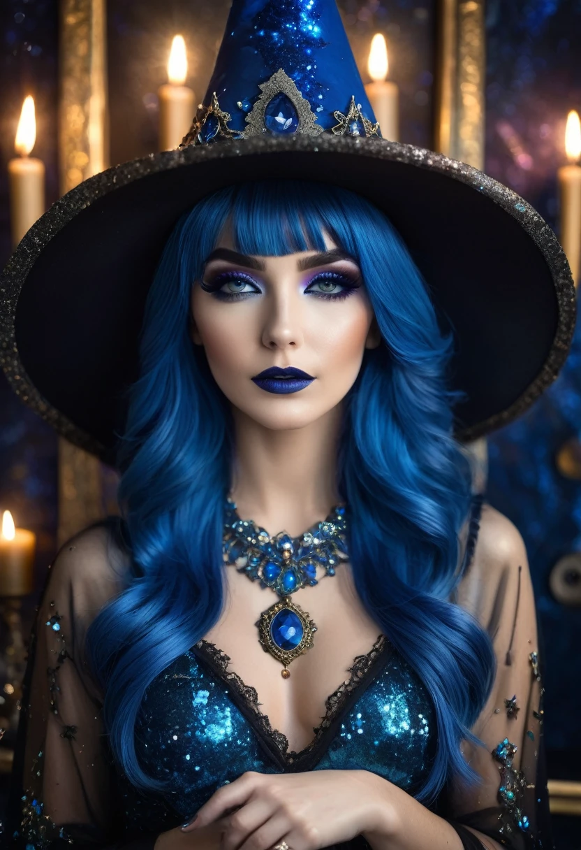 a beautiful woman , BLUE HAIR queen WITCH  WITH A hat TAROT CARDS and crystals GLITTER MAKEUP .the Style-RustMagic, Aum, (atmosfera escura:1.2), (Mist & smoke), (noite escura:1.3), Cicatrizes, (shaggy medium length dark hair:1.1), (sombra:1.1), (brilho lindamente detalhado:1.2), (cinematic lighting), detalhe intrincado, high resolution,