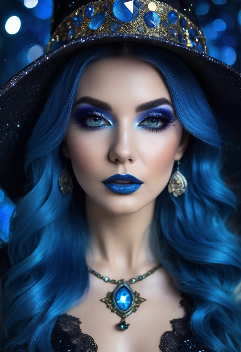 a beautiful woman , BLUE HAIR queen WITCH  WITH A hat TAROT CARDS and crystals GLITTER MAKEUP .the Style-RustMagic, Aum, (atmosfera escura:1.2), (Mist & smoke), (noite escura:1.3), Cicatrizes, (shaggy medium length dark hair:1.1), (sombra:1.1), (brilho lindamente detalhado:1.2), (cinematic lighting), detalhe intrincado, high resolution,