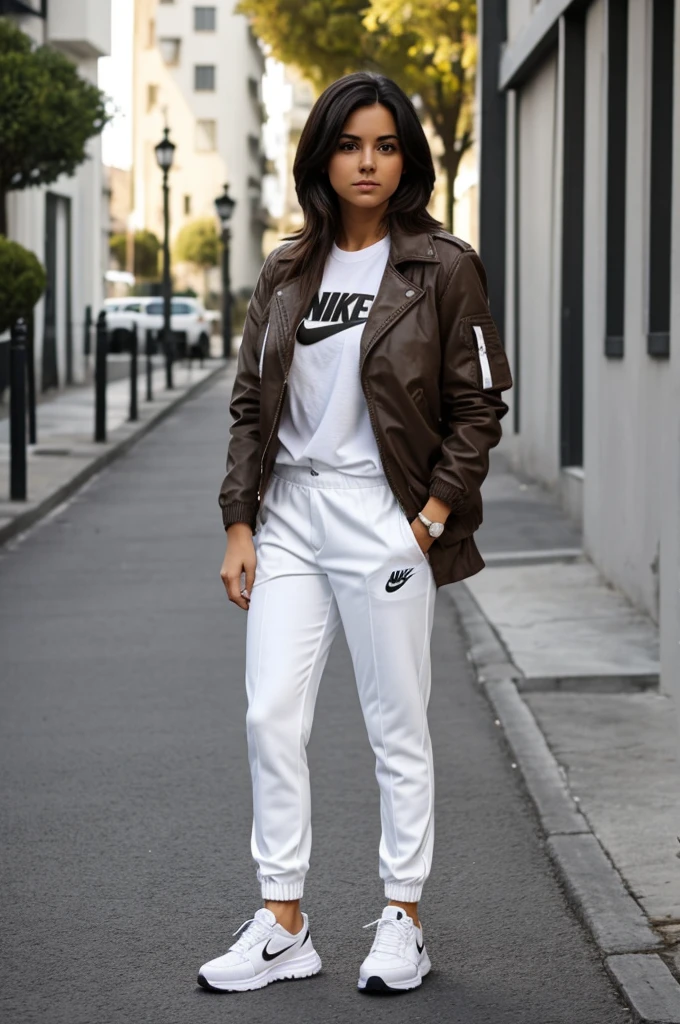 Mujer fuerte, with brown jacket, cabello corto color negro, ojos marrones, zapatillas nike blancas y pantalones negros, con un escote visible, piel blanca y sexy