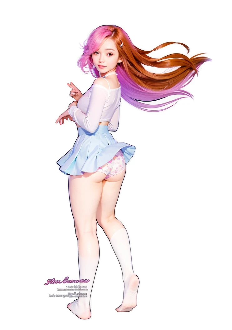 a cartoon girl with long hair and a skirt is standing woth wind blowing up and exposing her , full body portrait of a short!, barbie in white stockings, high res, fullbody portrait, casual pose, full body i