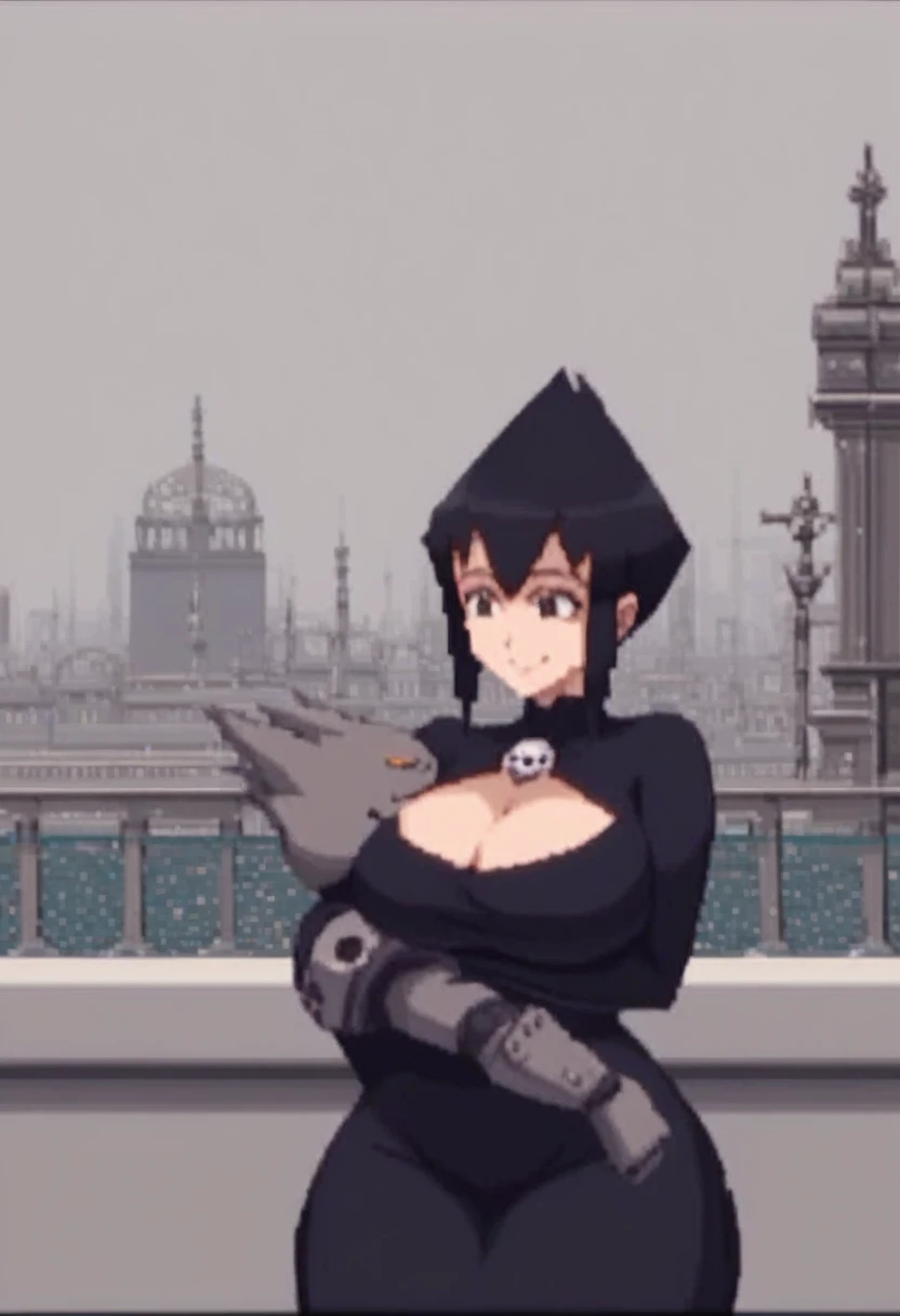 score_9, score_8_up, score_7_up, city background, rcklgnd, huge breasts, sexy pose, mega sexy gothic woman, 1girl, smile, black dress, cleavage, curvy, fitness body, wide hips, detailed,
male , hug, male hug woman, soft hug, smile,