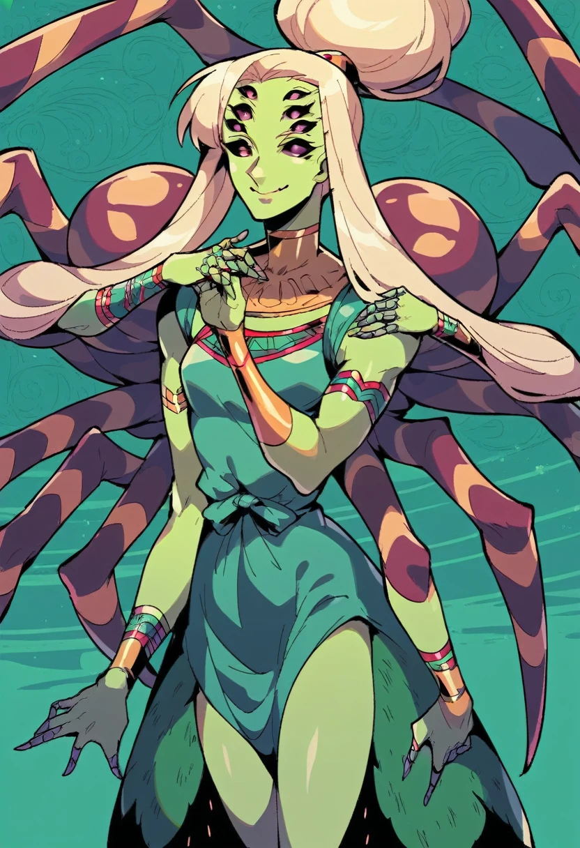 ((Masterpiece)), (((Top quality))), ((Ultra definition)), ((High quality face and limbs)), ((Arachne)), 1girl, sweet kind arachne girl, alone, young, soft , 10 years ongster, semi human, egipan, monster musume, half spider body, spider legs, spider with big long legs and long arms, scary, bright blonde long hair, green skin, green clothes, dress of spiderwebs, big green innocent eyes, smiling with delight, arachnid style, background filled with insects, main character, boss style, hades style, hadesstyle, hades2style, hades 2 style, Arachnea, silk weaver, Tartarus background, background with spider patterns, web patterns, centipede patterns, dragonfly pattern, green background