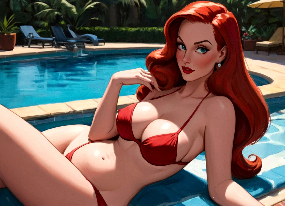 Jessica Rabbit (exaggerated bust, birthing hips, big butt, not bad drawn that way, bikini, glamour poses by the pool