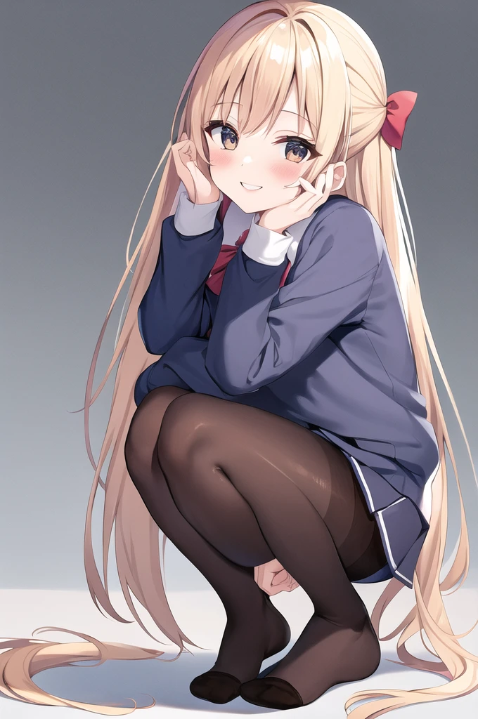 kagamigawa noelle, kagamigawa noelle\(school uniform\), kagamigawa noelle\(hair bow\), 1girl, pantyhose, squatting, solo, smile, full body, looking at viewer,simple background,