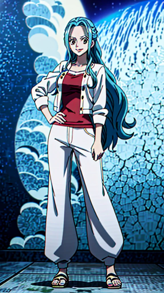 Crie uma imagem full body em estilo anime de Nefertari Vivi do anime One Piece. Ela possui cabelos longos e azuis com franja estilo Hime, olhos azuis, e um sorriso encantador. She is wearing a white leather jacket over a white loose-fitting shirt and sweatpants.. Vivi has bright red lips and a perfect anime face, com detalhes realistas e ultra detalhados. O fundo deve ser uma cidade, destacando-a como a melhor garota de anime