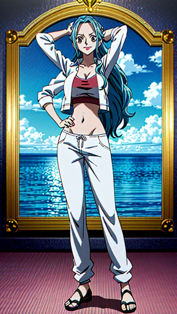 Crie uma imagem full body em estilo anime de Nefertari Vivi do anime One Piece. Ela possui cabelos longos e azuis com franja estilo Hime, olhos azuis, e um sorriso encantador. She is wearing a white leather jacket over a white loose-fitting shirt and sweatpants.. Vivi has bright red lips and a perfect anime face, com detalhes realistas e ultra detalhados. O fundo deve ser uma cidade, destacando-a como a melhor garota de anime