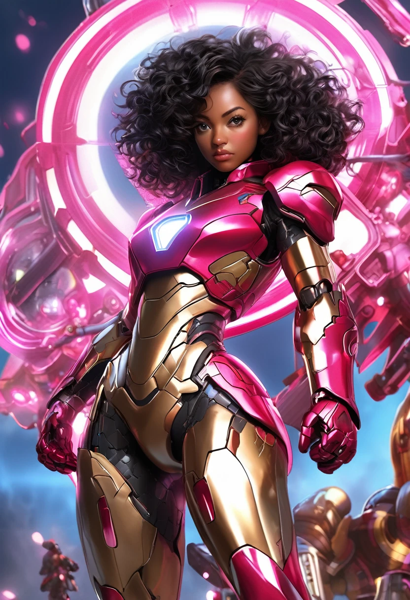 girl, black skin, short black curly hair, pink cartoon accurate iron man armor, sexy, fighting posture, Highly detailed, Bright appearance, creative behavior, imagination, Spectacular, naturally, small breasts, sexy, Highest quality, skin texture, complicated details, (movie light), raw photos, 8ก, Masterpiece,best quality,very detailed,ภาพประกอบที่very detailed,Extremely detailed,complicated details,height,complicated detailsมาก,Extremely detailed 8ก cg wallpaper,