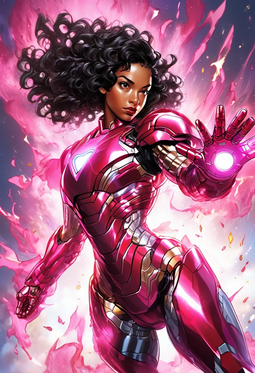 girl, black skin, short black curly hair, pink cartoon accurate iron man armor, sexy, fighting posture, Highly detailed, Bright appearance, creative behavior, imagination, Spectacular, naturally, small breasts, sexy, Highest quality, skin texture, complicated details, (movie light), raw photos, 8ก, Masterpiece,best quality,very detailed,ภาพประกอบที่very detailed,Extremely detailed,complicated details,height,complicated detailsมาก,Extremely detailed 8ก cg wallpaper,