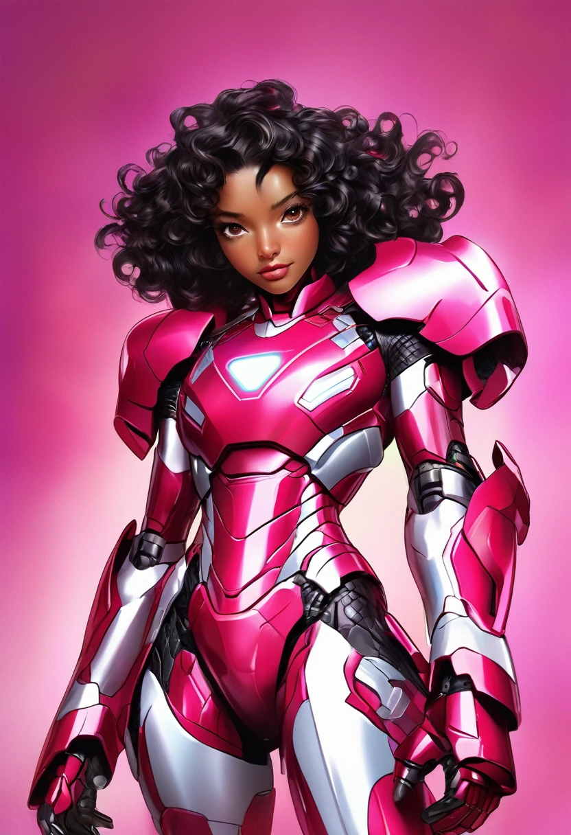 girl, black skin, short black curly hair, pink cartoon accurate iron man armor, sexy, fighting posture, Highly detailed, Bright appearance, creative behavior, imagination, Spectacular, naturally, small breasts, sexy, Highest quality, skin texture, complicated details, (movie light), raw photos, 8ก, Masterpiece,best quality,very detailed,ภาพประกอบที่very detailed,Extremely detailed,complicated details,height,complicated detailsมาก,Extremely detailed 8ก cg wallpaper,