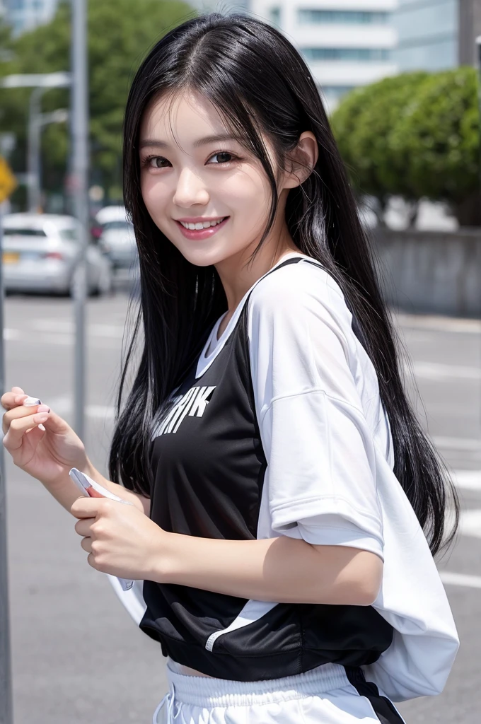(Woman in her 20s, Long Black Hair, smile), (Sportswear), (Perfect Style, Pure white shiny skin)