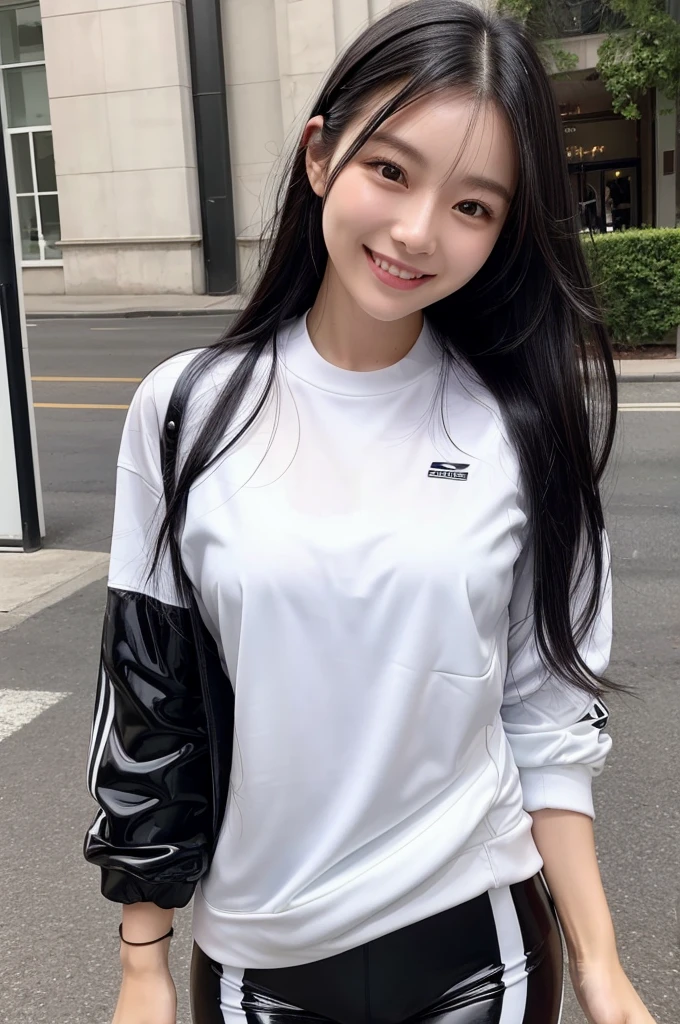 (Woman in her 20s, Long Black Hair, smile), (Sportswear), (Perfect Style, Pure white shiny skin)