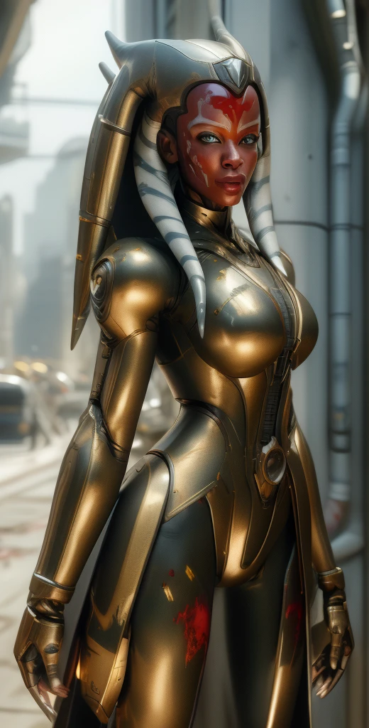 1 girl, solo, (look at viewer), ((Best quality)), ((masterpiece)), (detailed:1.4), ((upper body)), 3D, an image of a beautiful cyberpunk female,HDR (High Dynamic Range), Ray Tracing,NVIDIA RTX,Super-Resolution,Unreal 5,Subsurface scattering,PBR Texturing,Post-processing,Anisotropic Filtering,Depth-of-field,Maximum clarity and sharpness,Multi-layered textures,Albedo and Specular maps,Surface shading,Accurate simulation of light-material interaction,Perfect proportions,Octane Render,Two-tone lighting,Wide aperture,Low ISO,White balance,Rule of thirds,8K RAW, (((blood eyes))), , mechanical parts ahsoka, (dark skin:1.2), blood eyes, , medium breasts, bloodgold/black bodysuit, belt, (( bloodgold amor)) joints, body suit
