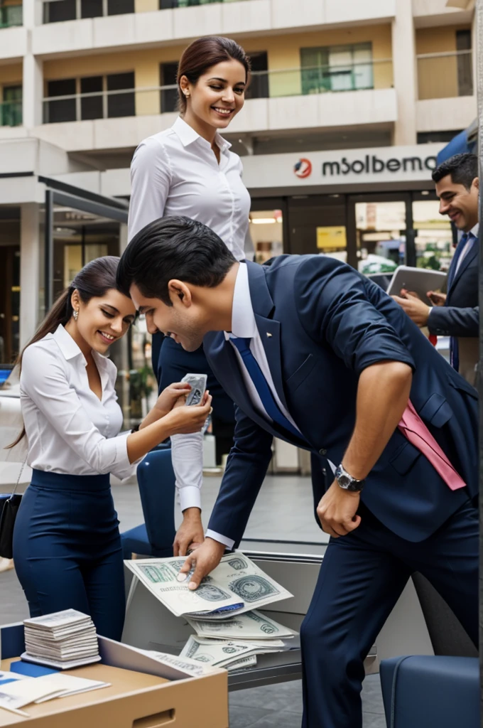 Personas depositando dinero en un banco felices y formales