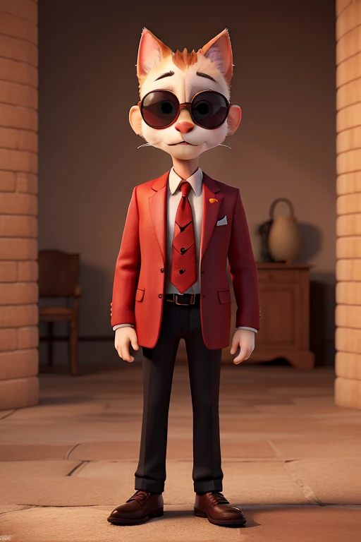 Elegant cat man with red suit and tie and dark sunglasses and black pants