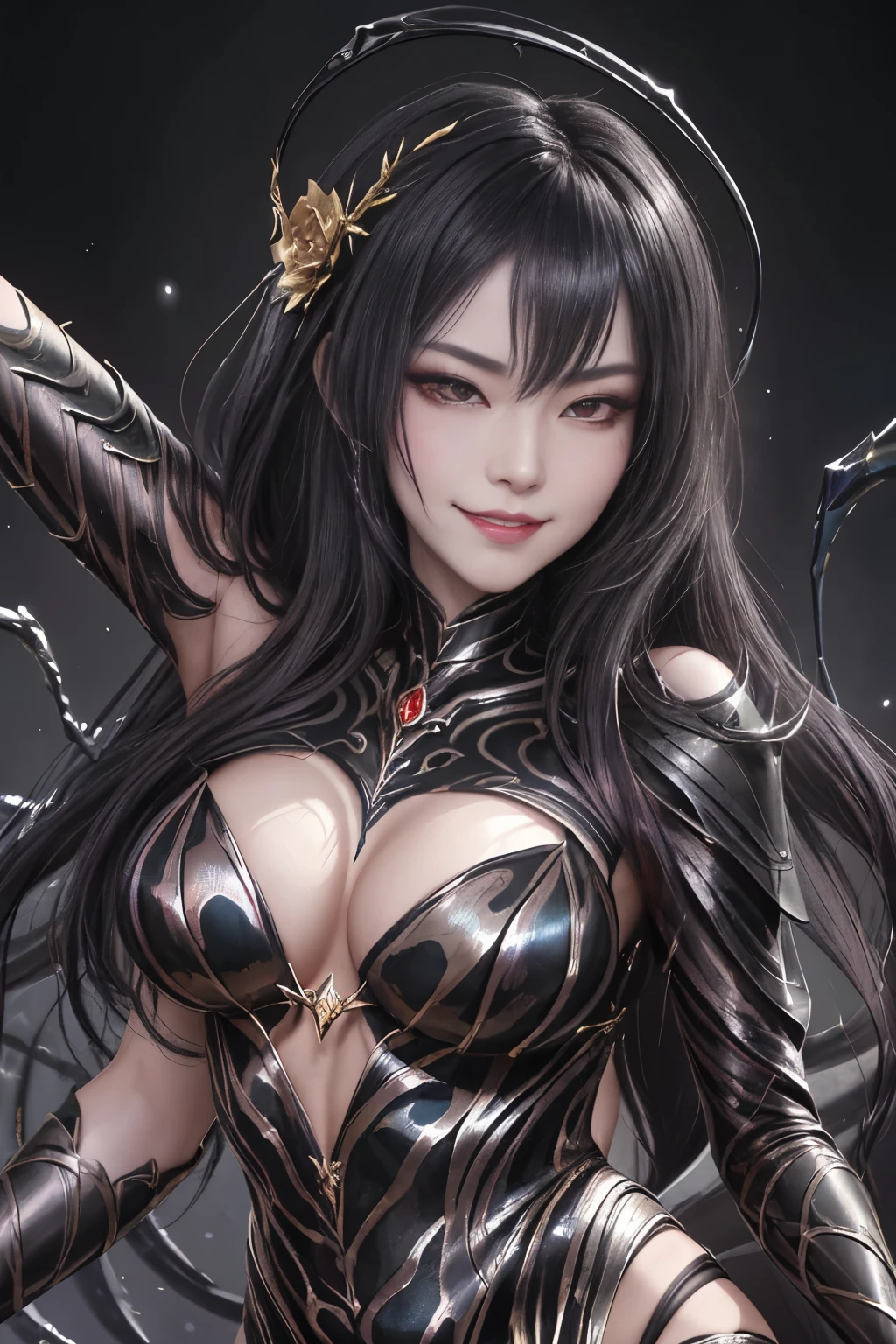 arcane arachnid lady, elise the spider queen, league of legends, arcane arachnid, fighting stance, ( body formed from metallic mauveine and metallic black liquid metallic paint twisting into a beautiful interpretation of the female figure), long sharp fangs, au naturel, ((complex metallic colours in the foreground)), (( fluid mechanics, the loveliest smooth scale face makeup, smirky expression)) - dark blood, onyxia
