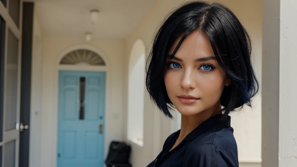 beautiful woman with blue eyes and black hair