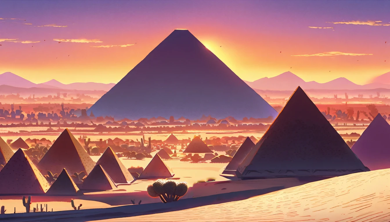 A wide shot bathed in the warm glow of a setting sun. Towering pyramids of Teotihuacan, cast long shadows across a dusty plain dotted with cacti and prickly pear. Vibrant orange, pink, and purple hues fill the sky, highlighting the silhouette of the ancient city.