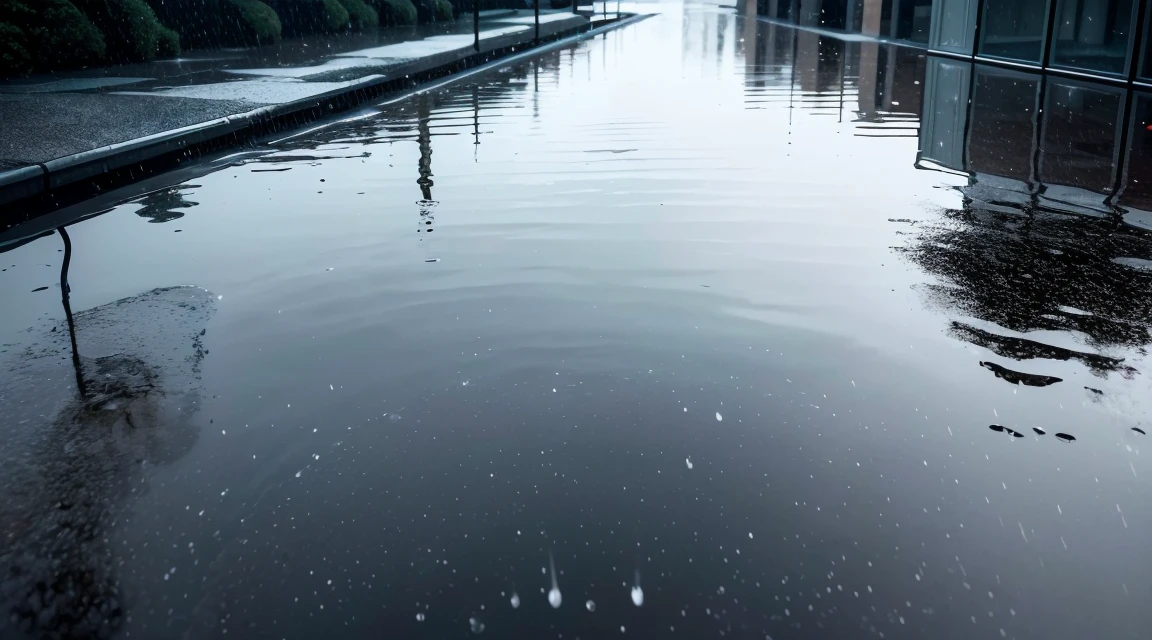 A lot of rain is falling on the mirror-like surface of the water, and it keeps raining all the time, (Photographic, Best Quality, High Quality, Highres:1.4), Detailed, Extremely Detailed, Ambient Soft Lighting, 4K, Background, Depth of Field,