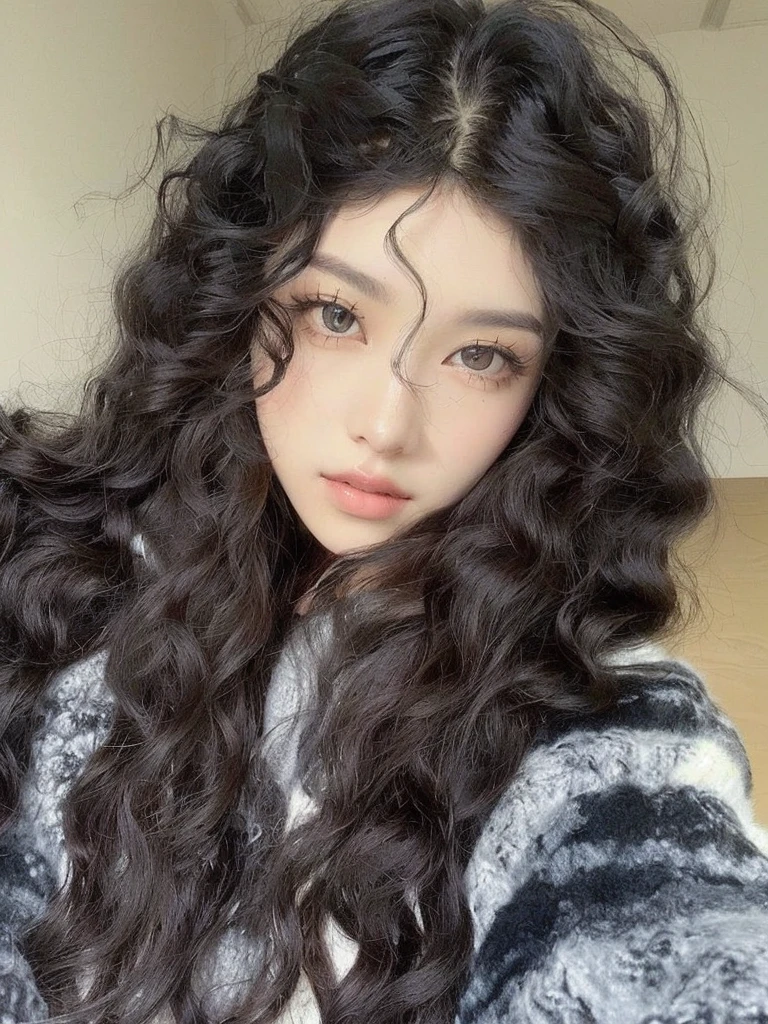 a close up of a woman with long hair and a sweater, with long curly hair, black long curly hair, long wild black curly hair, ulzzang, long curly black hair, curly middle part haircut, long black curly hair, long messy curly hair, wavy hair spread out, large eyes and flowing long hair, curly long hair, with long curly
