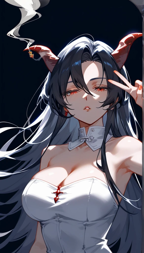 masterpiece, Score_9, Score_8_up, Score_7_up, rear view, 1 woman, alone, black hair with red, long hair, split bangs, dark red eyes, half-closed eyes, parted lips, expressionless, pale skin, large breasts, top of the bodysuit, Shirt with V-neckline din magas, strapless, black background, best quality, horns up, long and open bangs, Sleeveless Shirt, With V-neckline, Castlevania, Smoking