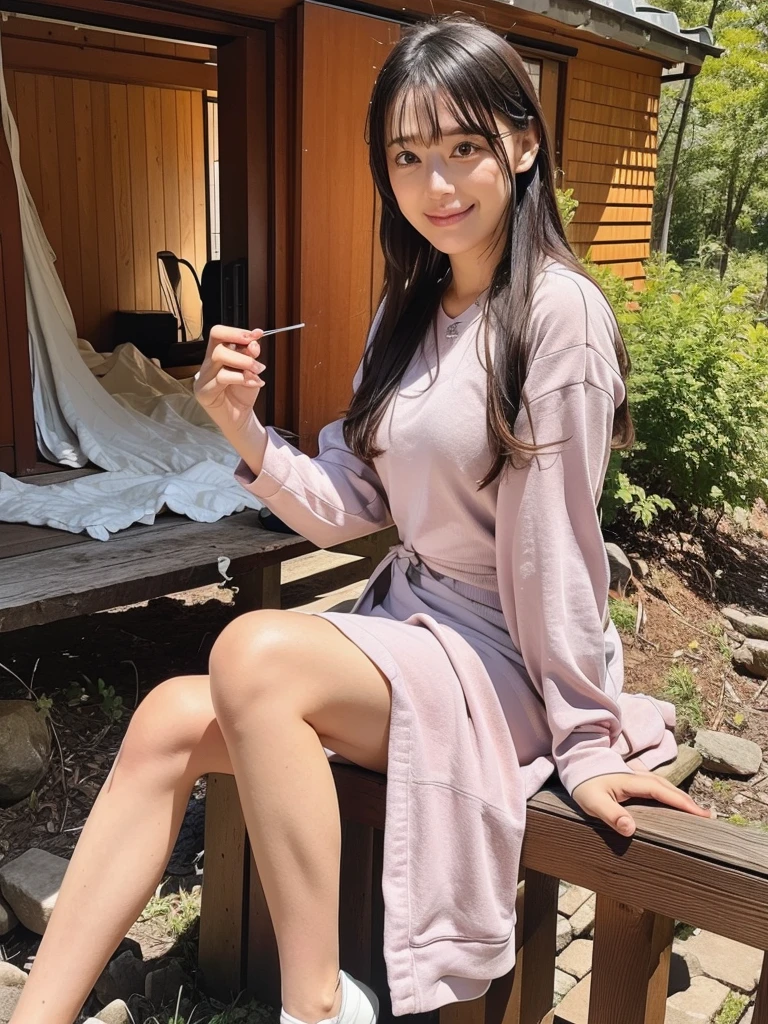 rie,One Woman,(best quality), (ultra detailed), (absolutely resolution),Face is front, 20-year-old, Fold your arms under your chest, Sailor suit, The color of the dress is lavender, The pattern on the clothes is camouflage, Black Hair, Treehouse-style bedroom in the woods、A healing space surrounded by nature
