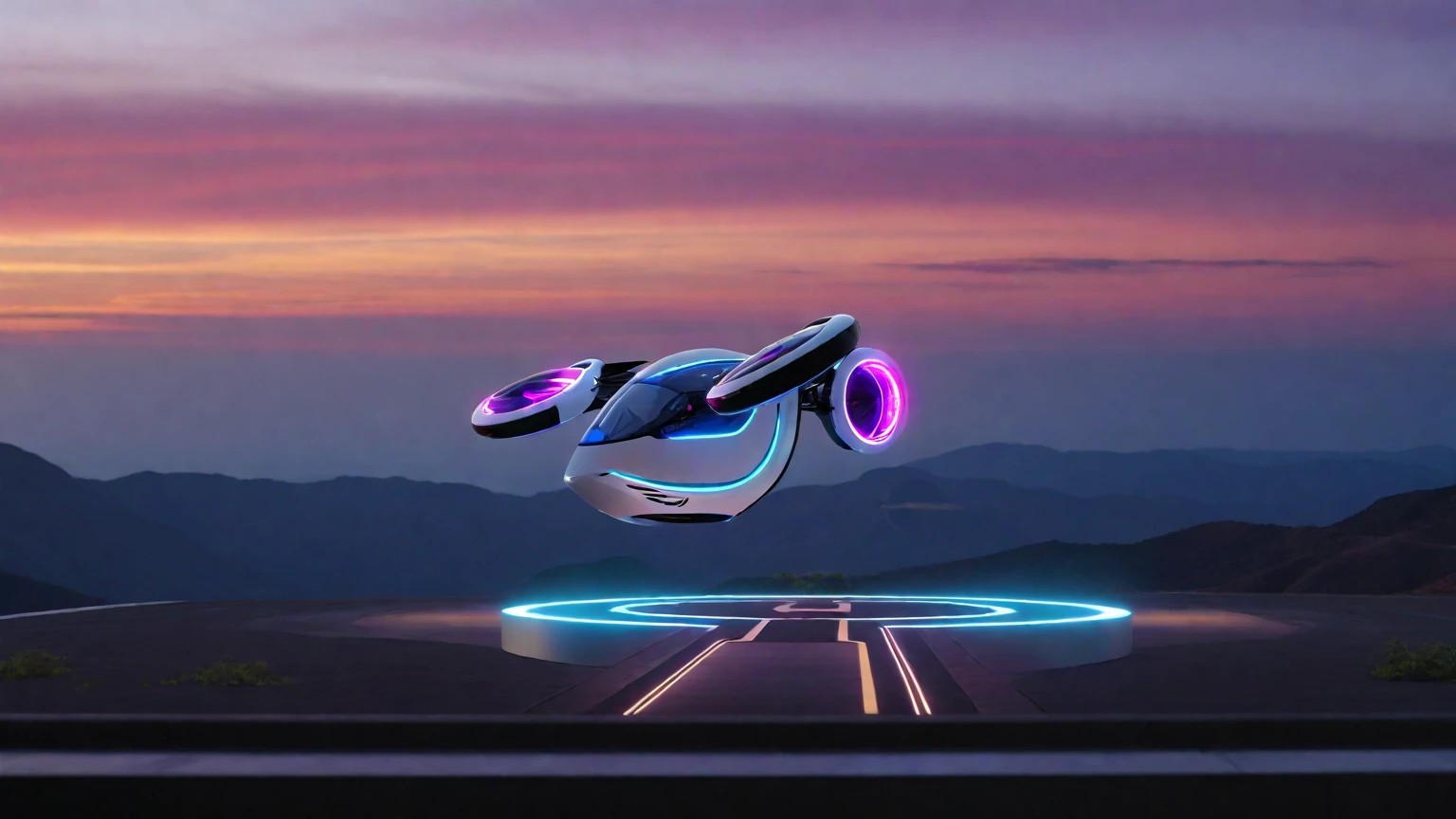 Create an image of a futuristic taxi drone inspired by Tesla, called Robotaxi. The drone should have a sleek and modern design, featuring a white and silver color scheme. It should have large, circular propellers on each side, and a glass cockpit with neon blue lighting accents. The drone is hovering above a high-tech landing pad that has an illuminated pathway. The backdrop should include a dramatic sky with deep pink and purple hues, resembling a sunset over a vast landscape with cliffs and greenery.