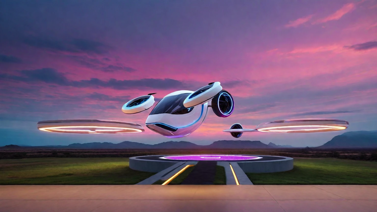 Create an image of a futuristic taxi drone inspired by Tesla, called Robotaxi. The drone should have a sleek and modern design, featuring a white and silver color scheme. It should have large, circular propellers on each side, and a glass cockpit with neon blue lighting accents. The drone is hovering above a high-tech landing pad that has an illuminated pathway. The backdrop should include a dramatic sky with deep pink and purple hues, resembling a sunset over a vast landscape with cliffs and greenery.