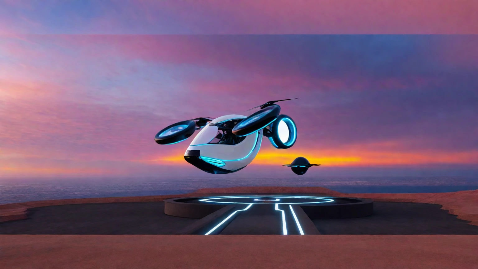 Create an image of a futuristic taxi drone inspired by Tesla, called Robotaxi. The drone should have a sleek and modern design, featuring a white and silver color scheme. It should have large, circular propellers on each side, and a glass pit with neon blue lighting accents. The drone is hovering above a high-tech landing pad that has an illuminated pathway. The backdrop should include a dramatic sky with deep pink and purple hues, resembling a sunset over a vast landscape with cliffs and greenery.