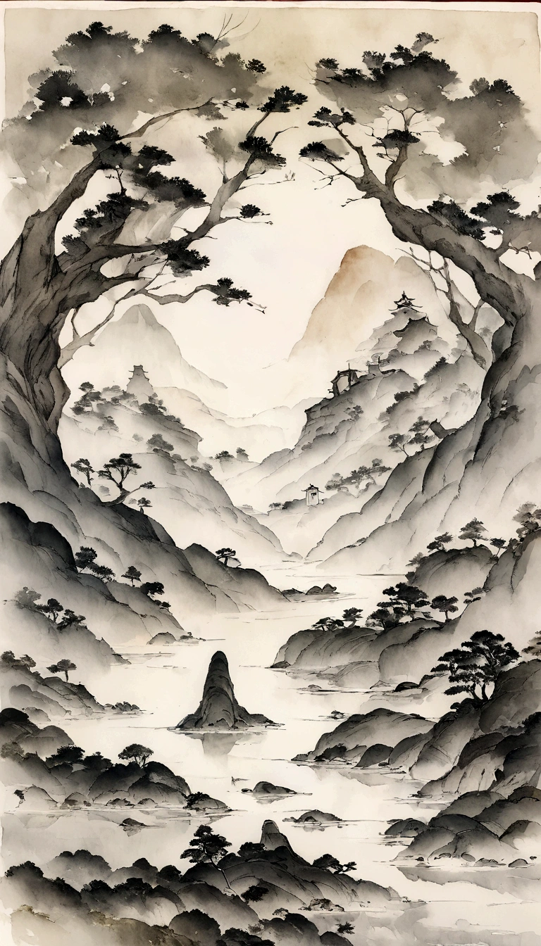 Chinese figure landscape painting，Ink and Watercolor Painting，Larger Characters，scholar，Lao Tzu，，ink，Vision，Super wide viewing angle，meticulous，Vision饱和度低，Low contrast，Beautifully depicted，Acura，masterpiece，masterpiece