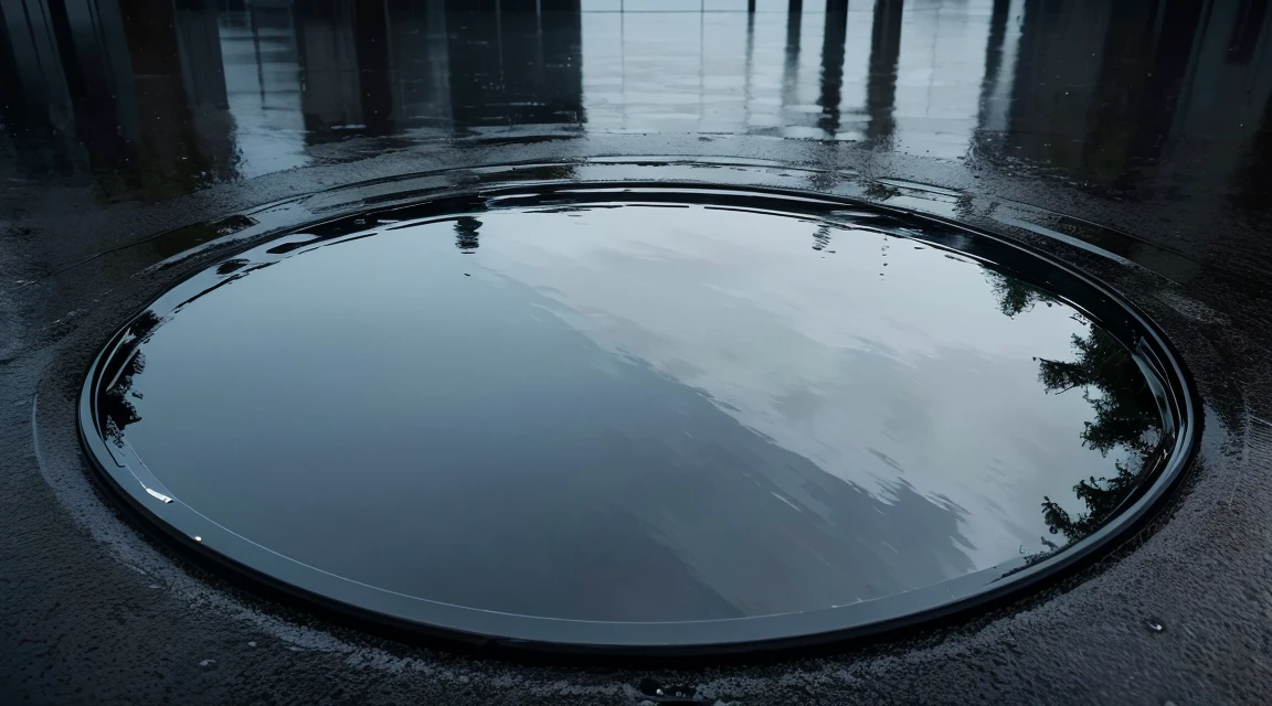 A lot of rain is falling on the mirror-like surface of the water, and it keeps raining all the time, (Photographic, Best Quality, High Quality, Highres:1.4), Detailed, Extremely Detailed, Ambient Soft Lighting, 4K, Background, Depth of Field,