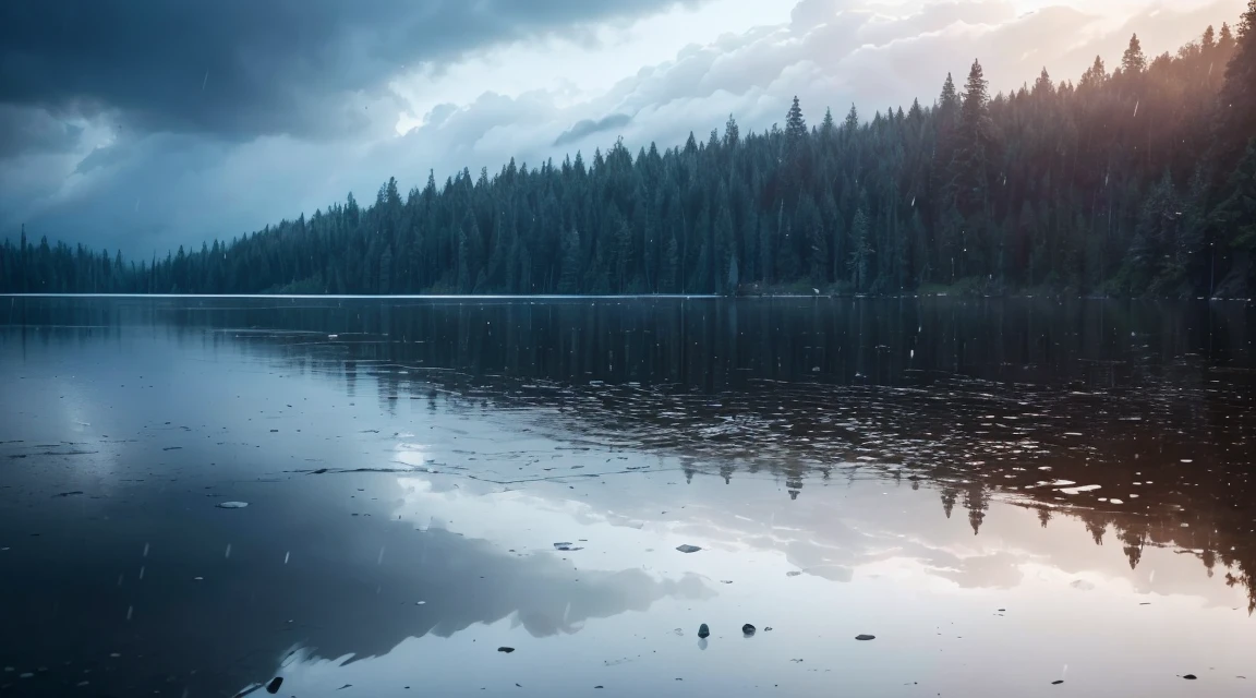 A lot of rain is falling on the mirror-like surface of the water, and it keeps raining all the time, (Photographic, Best Quality, High Quality, Highres:1.4), Detailed, Extremely Detailed, Ambient Soft Lighting, 4K, Background, Depth of Field, 