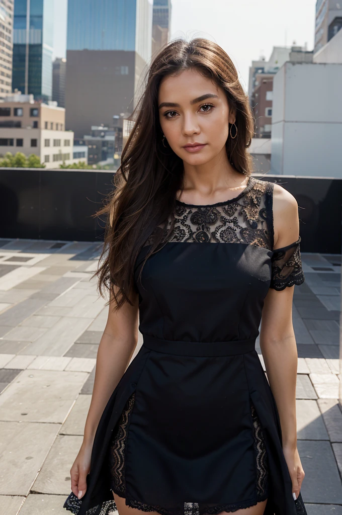 1girl in, age 45, Square face, Long hair, Looking at Viewer, jewelry, Realistic, A sexy, Lace Dress outfits, multicolored outfits, Rooftop background, free pose
