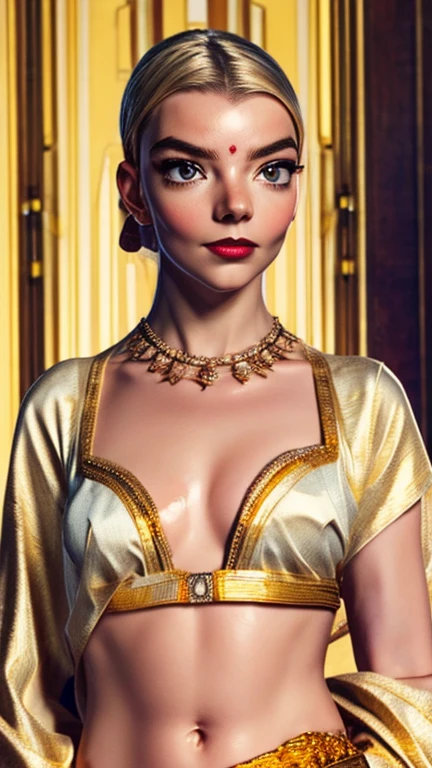 Anya Taylor-joy as a gorgeous Indian Empress wearing ((white and gold Kasavu Saree)); deep cleavage; ((ultra glossy dark red lips)); ((Traditional Indian Makeup)); ultrarealistic ultra white skin, ultrarealistic face; ultrarealistic body; ((ultrarealistic gold ornaments)); ((Ultrarealistic small tits)); (small breasts)); high resolution; detailed skin; ultra detailed eyes; ultra detailed face; ultra detailed lips; 4k resolution; Ultrarealistic Bleach Blonde hair; Ultrarealistic Light Brown Eyes; both eyes are similar, thick eyebrows, heavily oiled white shiny skin, slim athletic body, Ultrarealistic deep navel, Ultrarealistic toned abs, sexy seductive pose, Seductive smile licking her lips, standing; looking at viewer, facing camera; full body photograph, DSLR photo; HDR, super-resolution, maximum clarity and sharpness, rule of thirds, 8k raw, reflections