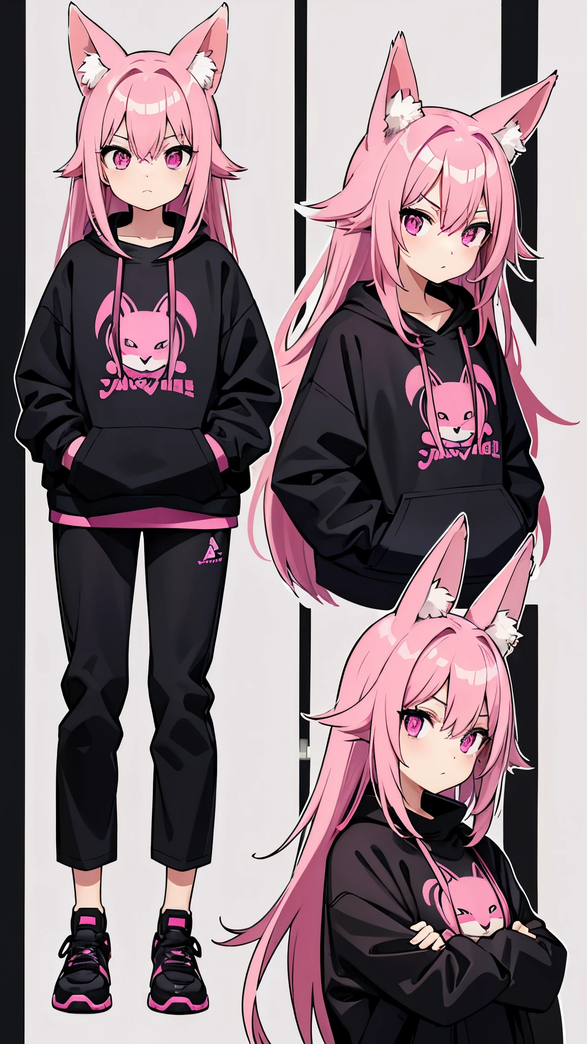Magenta pink haired woman with pink fox ears, pink eyes, black clothes,Black kangaroo sweatshirt,black thick fabric pants, hands in pockets, front view and serious expression, black clothes.