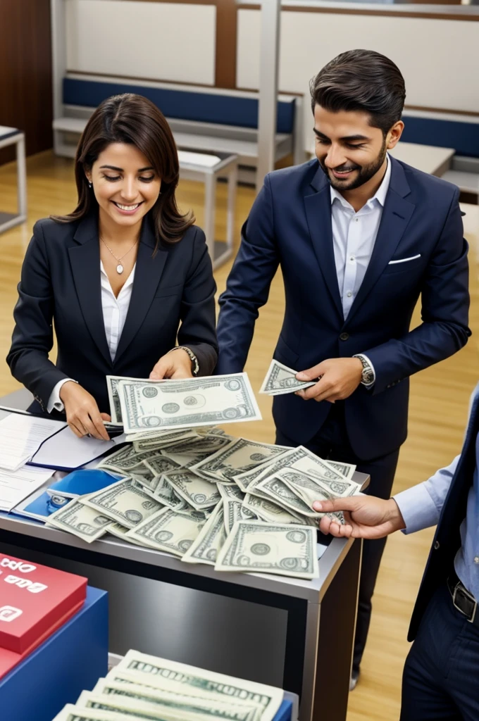 Personas depositando dinero  en un banco felices y formales 
