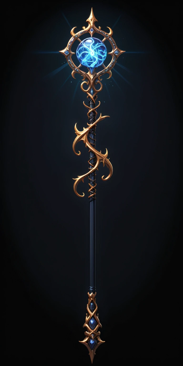 pixel art, cartoon illustration, Divine glavie greatstaff, Powerfull Magical theme, simple black background, RPG game icon