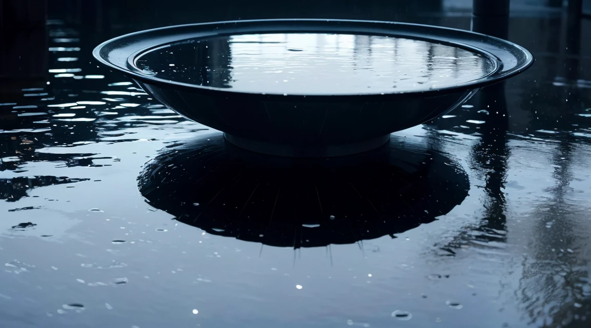 A lot of rain is falling on the mirror-like surface of the water, and it keeps raining all the time, (Photographic, Best Quality, High Quality, Highres:1.4), Detailed, Extremely Detailed, Ambient Soft Lighting, 4K, Background, Depth of Field,