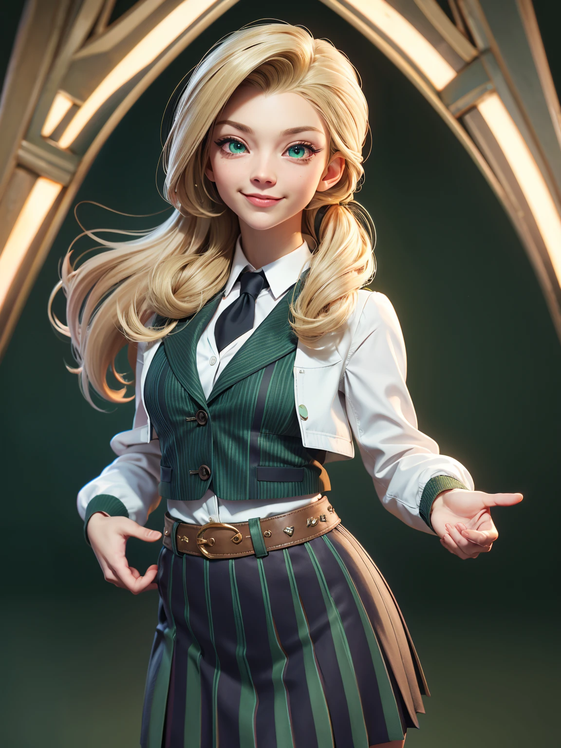 Natalie Dormer, 26 years, (One:1.1), Natalie Dormer, perfect face, (((Costume with skirt))), (((pleated school skirt))), (((Silk tie))), Windsor tie, (((White shirt))), cup size 2, (((night color jacket with 1 horizontal green stripe))), (((Night color skirt with 1 horizontal green stripe))), (((night color vest))), (((One focus, fully dressed, elegantly dressed, smiling, Elegant hairstyle, strand of hair in front, hair from back to waist, blonde hair, Green eyes, beautiful detailed eyes，bright students，（very good and beautiful），（Beautiful and detailed description of the eyes), [[gentle fingers and hands:0.55]::0.85], (detail fingers))), Facing the camera, (Background with：school corridor，mystical atmosphere), (Illustration, cartoon, Masterpiece, very detailed, Best quality，cinematic lighting，detailed background, A high resolution)