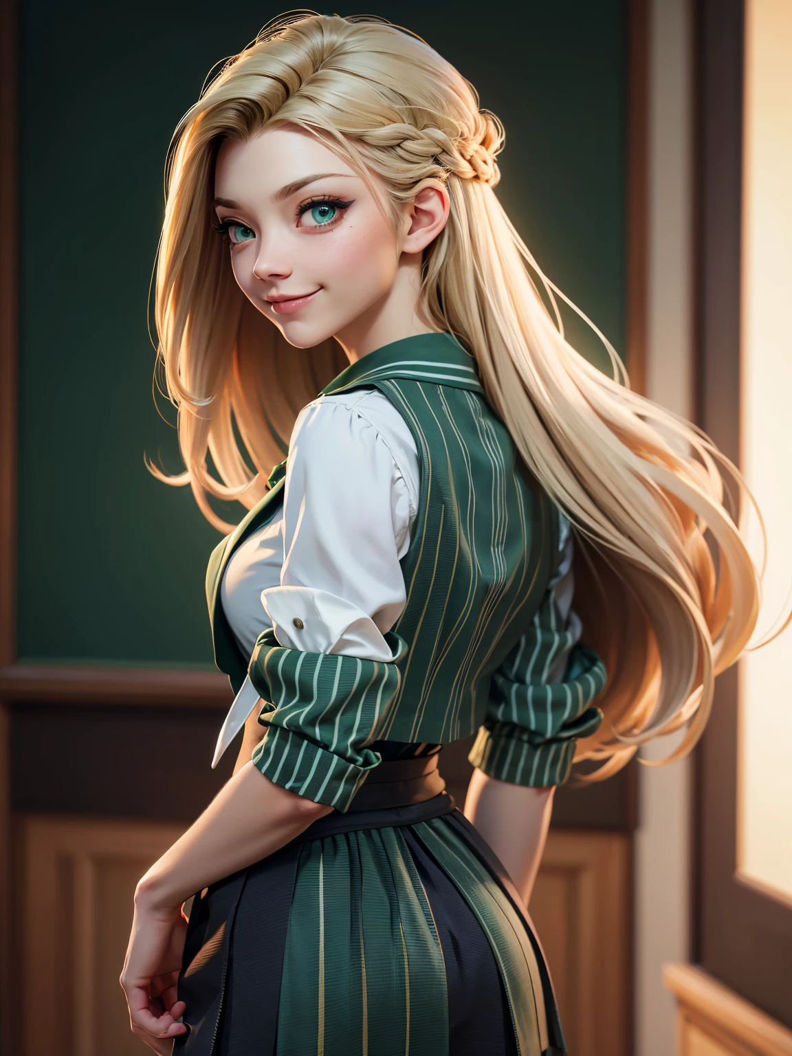 Natalie Dormer, 26 years, (One:1.1), Natalie Dormer, perfect face, (((Costume with skirt))), (((pleated school skirt))), (((Silk tie))), Windsor tie, (((White shirt))), cup size 2, (((night color jacket with 1 horizontal green stripe))), (((Night color skirt with 1 horizontal green stripe))), (((night color vest))), (((One focus, fully dressed, elegantly dressed, smiling, Elegant hairstyle, strand of hair in front, hair from back to waist, blonde hair, Green eyes, beautiful detailed eyes，bright students，（very good and beautiful），（Beautiful and detailed description of the eyes), [[gentle fingers and hands:0.55]::0.85], (detail fingers))), Facing the camera, (Background with：school corridor，mystical atmosphere), (Illustration, cartoon, Masterpiece, very detailed, Best quality，cinematic lighting，detailed background, A high resolution)