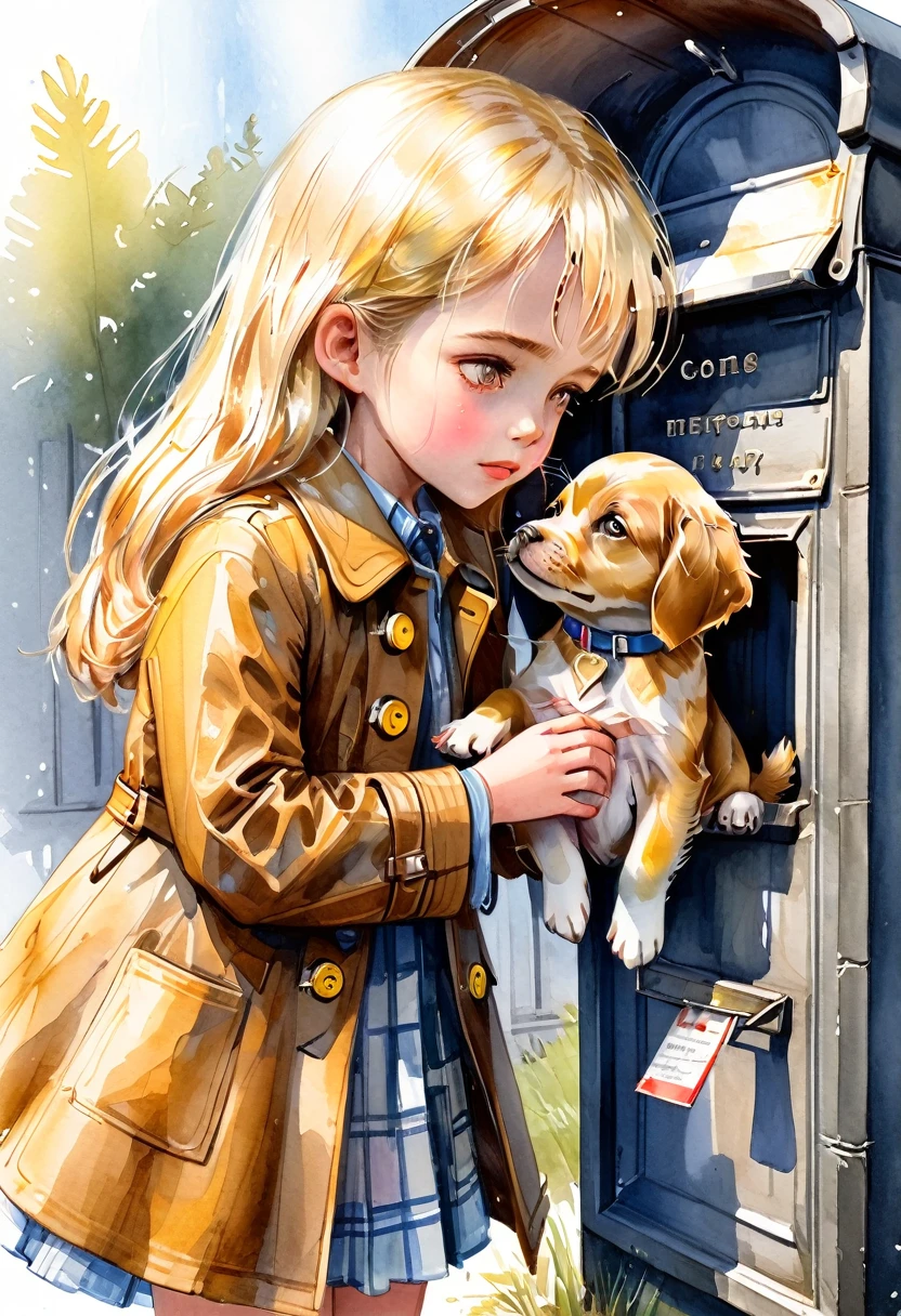desenho aquarela, texture painting colored pencils, a little blonde girl with a brown coat and yellow buttons, she is on top of a puppy trying to get letters from a mailbox
