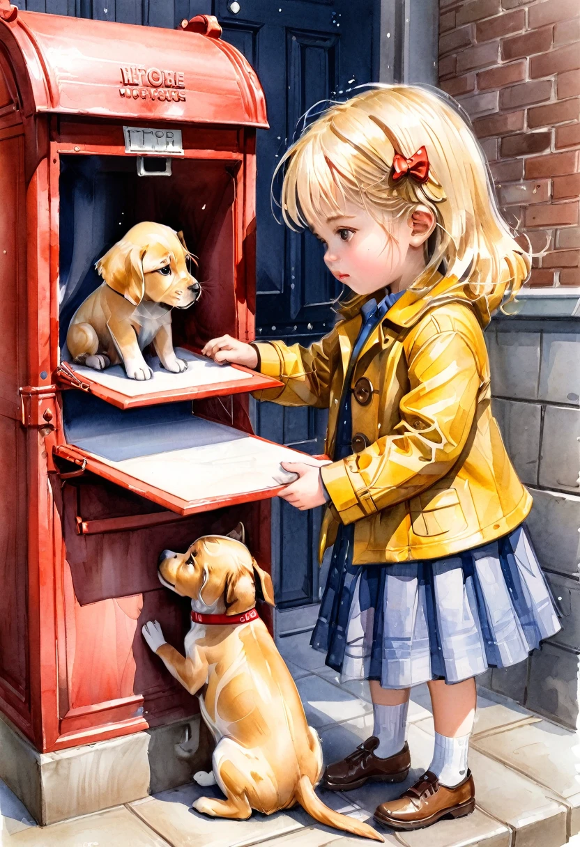 desenho aquarela, texture painting colored pencils, a little blonde girl with a brown coat and yellow buttons, she is on top of a puppy trying to get letters from a mailbox