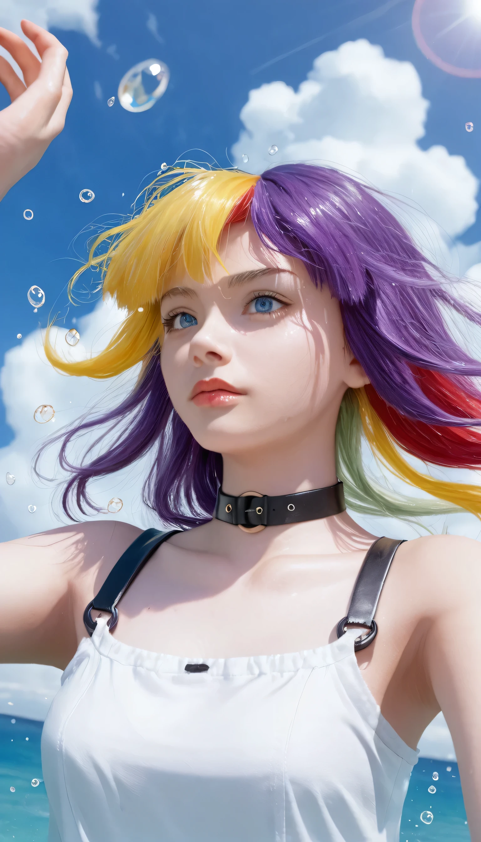 1.5),(1 girl),(Dynamic poses),(multicoloRed hair+Silver Hair:1.3+Red hair:1.2+Purple Hair+Yellow hair:1.3+Green Hair:1.3),(blue eyes),(Neck strap),(floating),(cloud),(too many drops of water),(twilight),(watercolor),(Wide-angle lens)