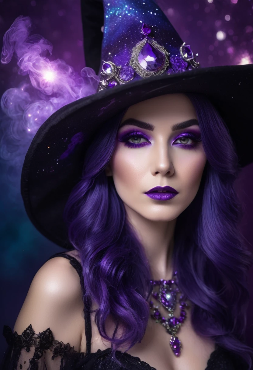 a beautiful woman , purple HAIR queen WITCH WITH A hat TAROT CARDS and crystals GLITTER MAKEUP .the Style-RustMagic, Aum, (atmosfera escura:1.2), (Mist & smoke), (noite escura:1.3), Cicatrizes, (shaggy medium length dark hair:1.1), (sombra:1.1), (brilho lindamente detalhado:1.2), (cinematic lighting), detalhe intrincado, high resolution,