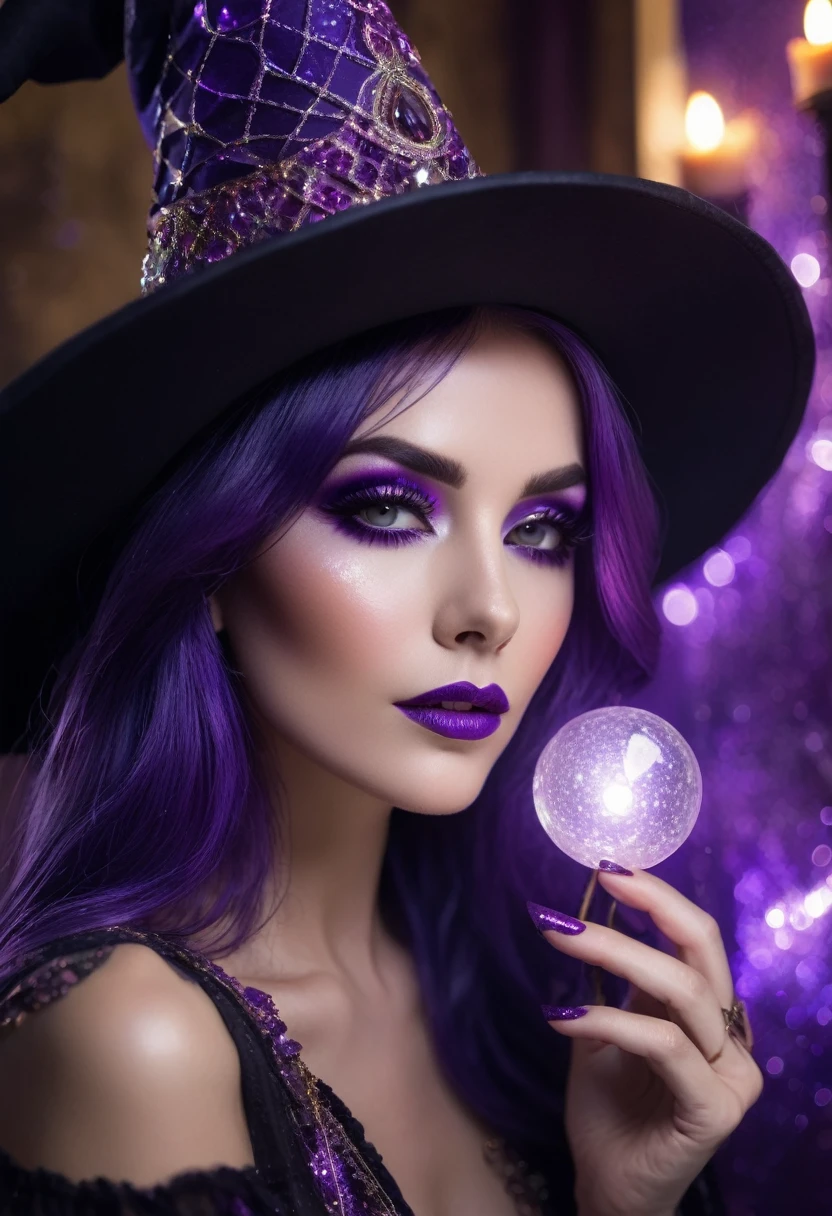 a beautiful woman , purple HAIR queen WITCH WITH A hat TAROT CARDS and crystals GLITTER MAKEUP .the Style-RustMagic, Aum, (atmosfera escura:1.2), (Mist & smoke), (noite escura:1.3), Cicatrizes, (shaggy medium length dark hair:1.1), (sombra:1.1), (brilho lindamente detalhado:1.2), (cinematic lighting), detalhe intrincado, high resolution,