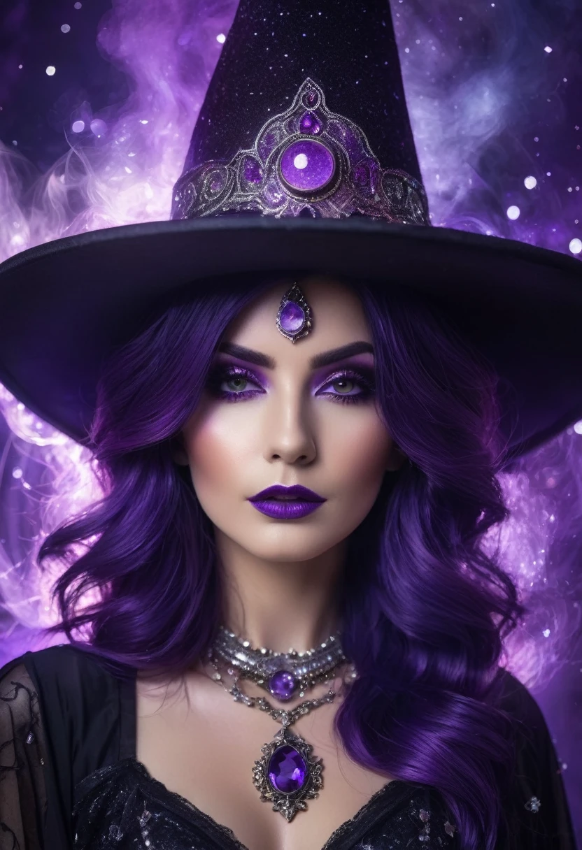 a beautiful woman , purple HAIR queen WITCH  WITH A hat TAROT CARDS and crystals GLITTER MAKEUP .the Style-RustMagic, Aum, (atmosfera escura:1.2), (Mist & smoke), (noite escura:1.3), Cicatrizes, (shaggy medium length dark hair:1.1), (sombra:1.1), (brilho lindamente detalhado:1.2), (cinematic lighting), detalhe intrincado, high resolution,