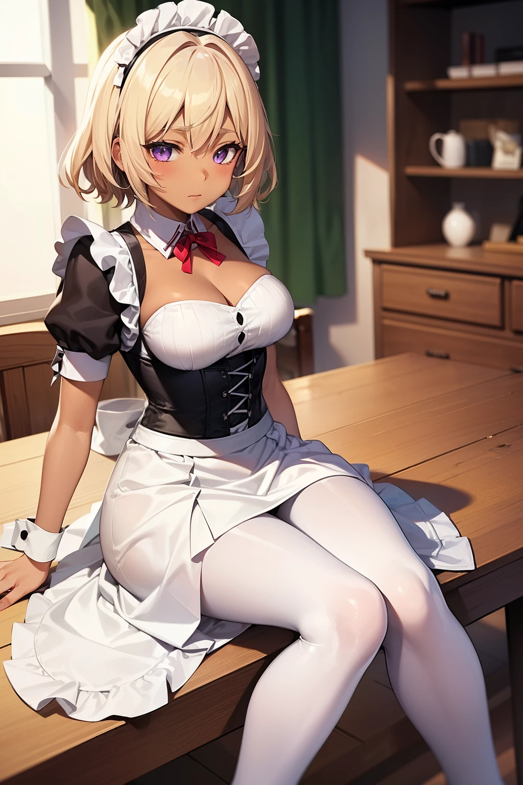 (Tabletop, highest quality, Super detailed), One Girl, Purple eyes, Blonde Hair, Dark Skin, Short Hair、Perm Hair、((White Pantyhose))、(Bedroom)、((Maid clothes))、Long Skirt、corset