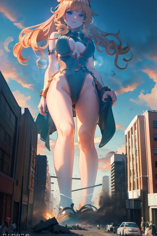 Giant Girl 50,000 feet high,Have a pair of long legs,Have a pair of huge breasts,Wearing a red bikini,Waist length blonde hair,Loose hair,Wear a pair of Mary Janes,Blonde curly hair,full of enjoyment,Standing firm in a crowded city, vandalism,It seems to be an invincible existence,Beautiful appearance,Exquisite makeup,quality,8K,高quality,(Governor:1.5),Perfect proportion, theater lighting,Film Grain,Fuji Colors,8K,Textured Skin,Super Detail,High Detail,high quality,high resolution,thunderbolt,Fake laugh,Morning, Full body image