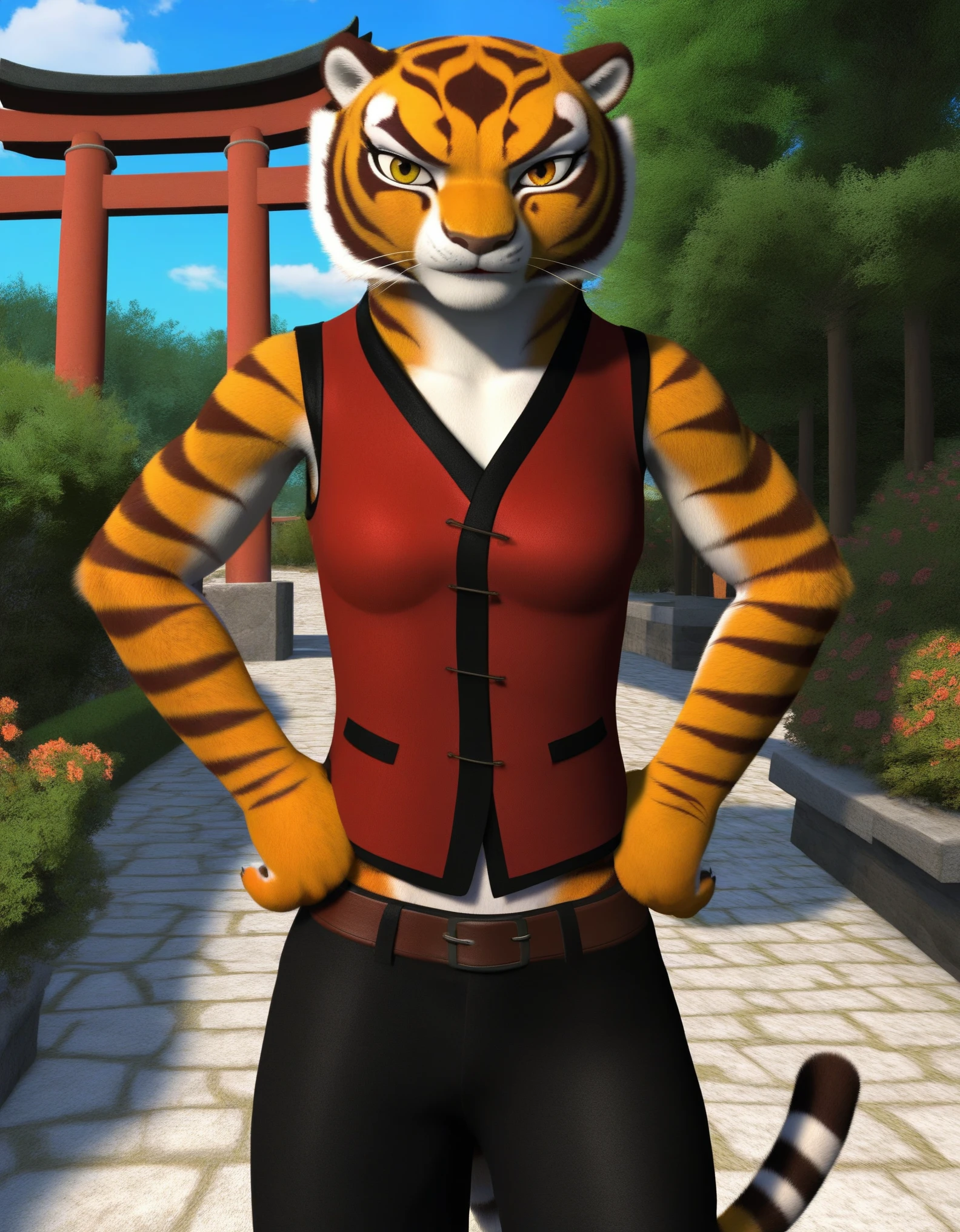 zPDXL, 1girl, Master tigress, furry, tiger, small breasts, red vest, black pants, tail, looking at viewer, serious, standing, hands on hips, outside, garden, red torii, trees, blue sky,