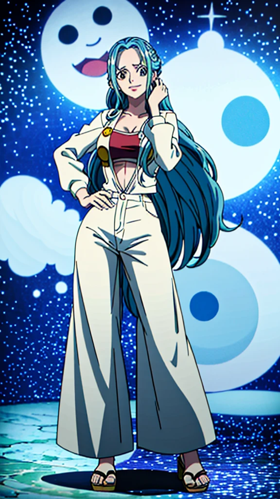 Crie uma imagem full body em estilo anime de Nefertari Vivi do anime One Piece. Ela possui cabelos longos e azuis com franja estilo Hime, olhos azuis, e um sorriso encantador. She is wearing a white leather jacket over a white loose-fitting shirt and sweatpants.. (corpo bonito:1.3) Vivi has bright red lips and a perfect anime face, com detalhes realistas e ultra detalhados. O fundo deve ser uma cidade, destacando-a como a melhor garota de anime  (rosto bonito:1.3)